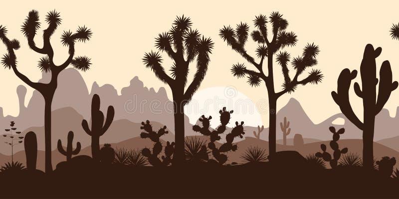Desert seamless pattern with joshua trees, opuntia, and saguaro