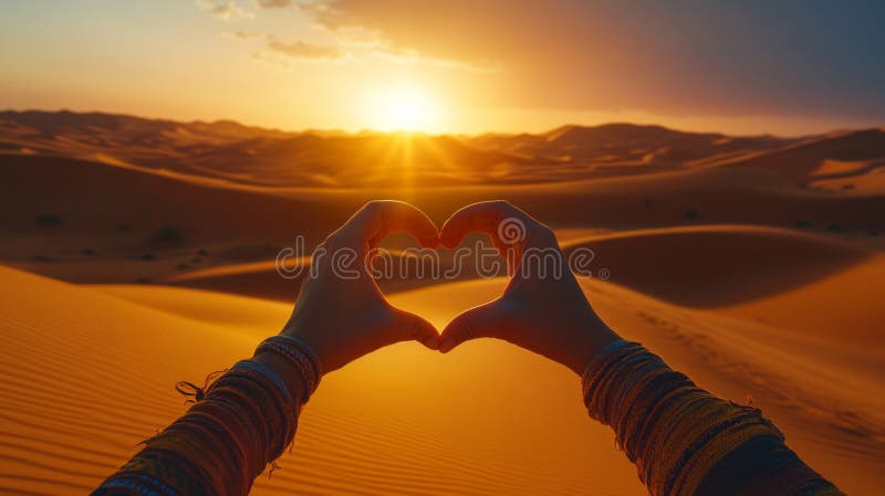 Desert Sunset Heart Hands Love stock illustration