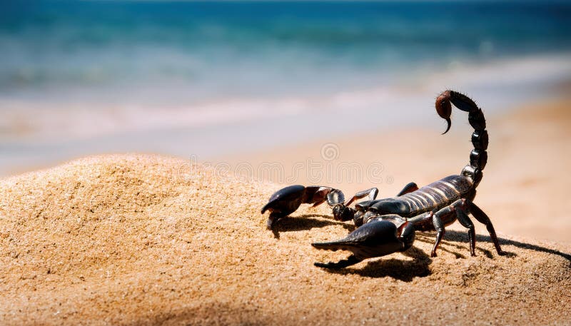Desert Sunset Meets Sea Majestic Scorpion Strażnik na rustycznej plaży w świecących piaskach i falach wspaniałego mroku ilustracja wektor