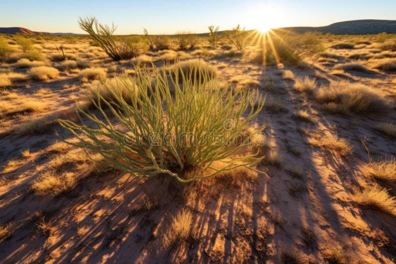 Desert vegetation casting shadows in the setting sun stock image