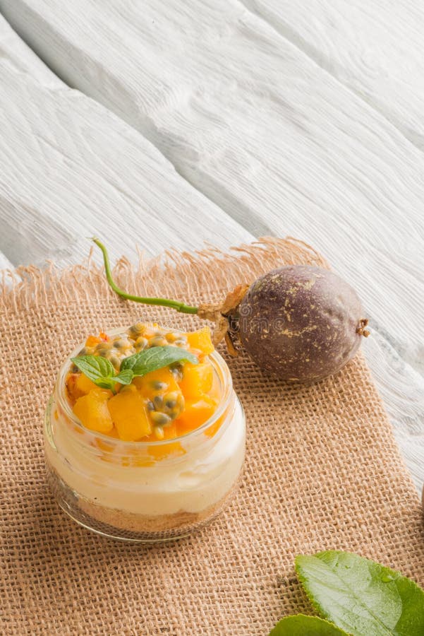 Desert with Yogurt and Passion Fruit Stock Photo Image of joghurt, wooden 95973042