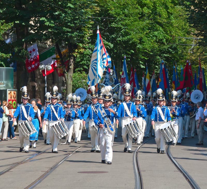 Desfile suizo del día nacional en Zurich imágenes de archivo libres de regalías Desfile suizo del día nacional en Zurich imágenes de archivo libres de regalías