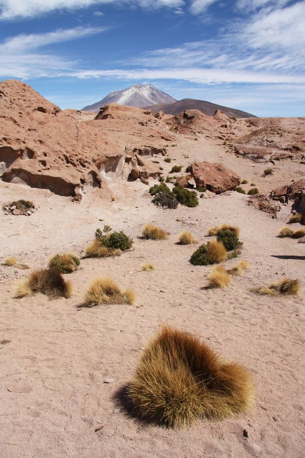 Desierto de Atacama con el volcán de Ollague, Bolivia imágenes de archivo libres de regalías Desierto de Atacama con el volcán de Ollague, Bolivia imágenes de archivo libres de regalías