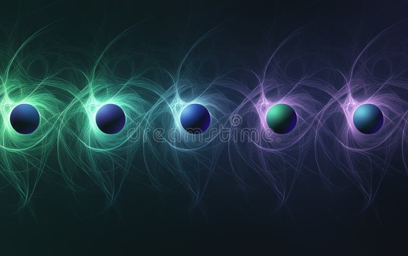 Design abstract colorat, cu tipare cu vârtej și orbi strălucitori pe un fond întunecat, creând un fascinant. Această operă de artă captivantă prezintă o serie de orbi strălucitoare înconjurate de tipare vibrante de rotație generate