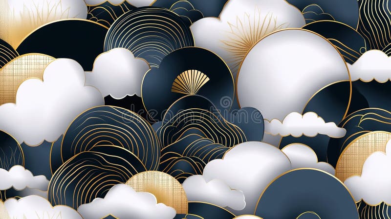 Design abstract cu nori stratificați și modele circulare în alb și aur al marinei, cu un modern royalty free illustration
