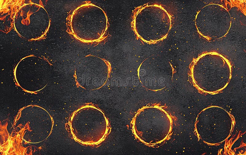 Design abstract cu tipare circulare de foc pe fond întunecat, cu muchii strălucitoare care creează un mister stock image