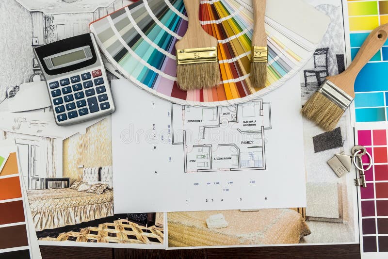 Design architecture drawing renovation color palette blueprints at office