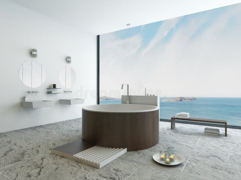 Image of Design bathroom interior with modern round wooden bathtub