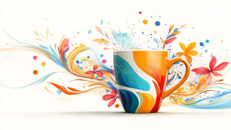 Design colorato con sfondo di splash floreale astratto Perfetto per siti Web o stampa. Una tazza colorata con un design floreale astratto e uno sfondo di pittura Perfetto per banner o progetti di stampa di siti web