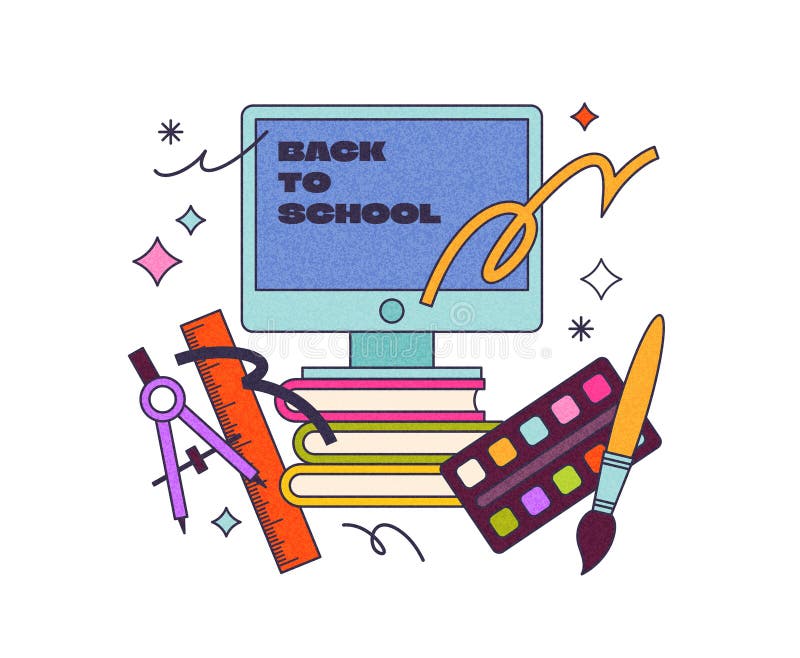 Design colorato per la scuola con oggetti per la scuola e articoli di cancelleria. illustrazione di stock