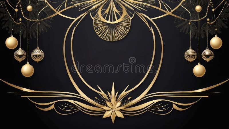 Luxurious black and gold Art Deco holiday background with Christmas elements. The design combines timeless elegance with bold geometric shapes and shimmering details, creating a sophisticated seasonal atmosphere. Perfect for high-end holiday visuals and New Year celebrations. AI generated