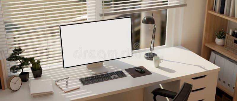 Design compatto e confortevole per interni in ufficio con PC portatile illustrazione di stock