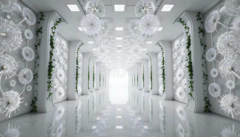 Design compatto per interni. Questo è un corridoio interno luminoso e moderno. Le pareti e il pavimento sono di bianco lucido che riflette la luce di elementi rettangolari del soffitto. Le vigne verdi stanno crescendo diversi pilastri bianchi che allineano il corridoio. Grandi decorazioni sferiche di tipo dandelionico appese dal soffitto a intervalli regolari. Il corridoio appare lungo e simmetrico verso un'immagine incorniciata all'estremità posteriore. L'atmosfera generale è pulita, contemporanea e un po' surreale, grazie agli elementi organici che contrastano con l'architettura bianca..