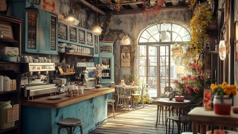 Design compatto per interni Rustic Cafe con mobili vintage e fiori abbondanti royalty illustrazione gratis