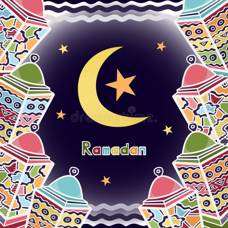 Design cu placă de salut ramadan colorată vectorială cu felinare lună și stele pe fond albastru închis. poate fi utilizat ca funda vector illustration