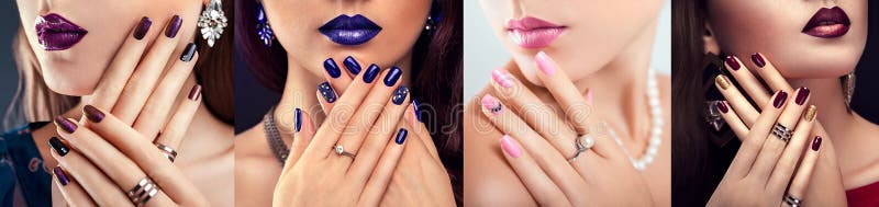 Design de artă pentru unghii. patru înfățișări de femeie cu machiaj și manichiură diferite. bijuterii la modă. portrete de frumuse stock photos