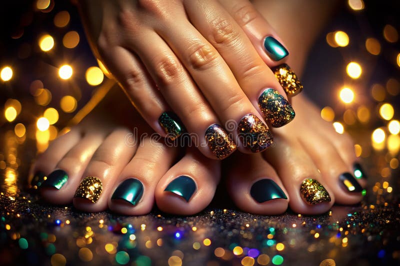 Design de artă pentru unghii spumante pentru o manichiură luxoasă pe timp de noapte și o eleganță fără efort pedichiură pentru eve stock illustration