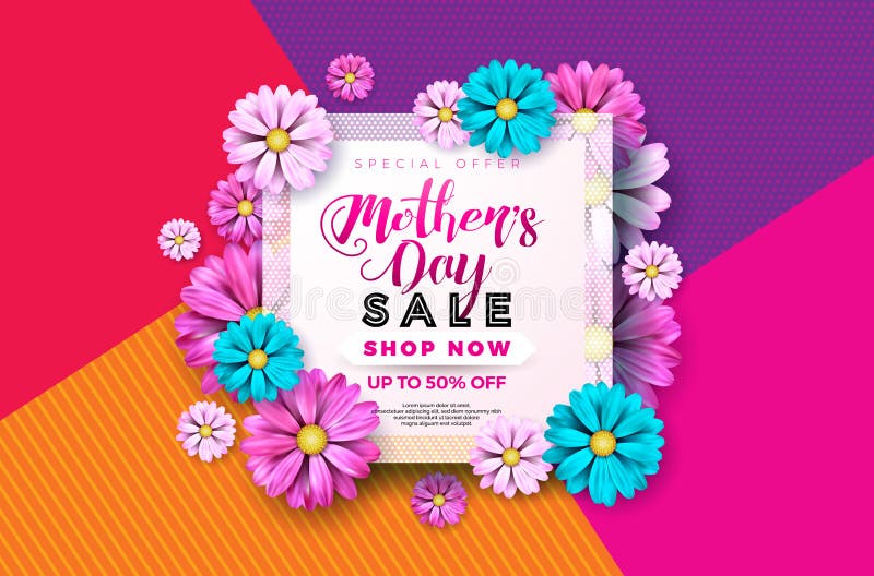 Design de carte de salutation de vente de jour de mères avec la fleur et éléments typographiques sur le fond abstrait Célébration