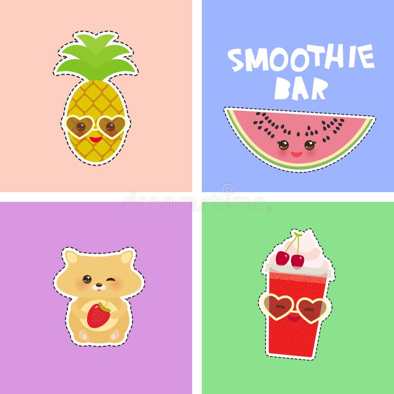 Design de carte tropical lumineux de barre de Smoothie, autocollants d'insignes de corrections de mode pastèque, hamster, ananas, illustration de vecteur Design de carte tropical lumineux de barre de Smoothie, autocollants d'insignes de corrections de mode pastèque, hamster, ananas, illustration de vecteur