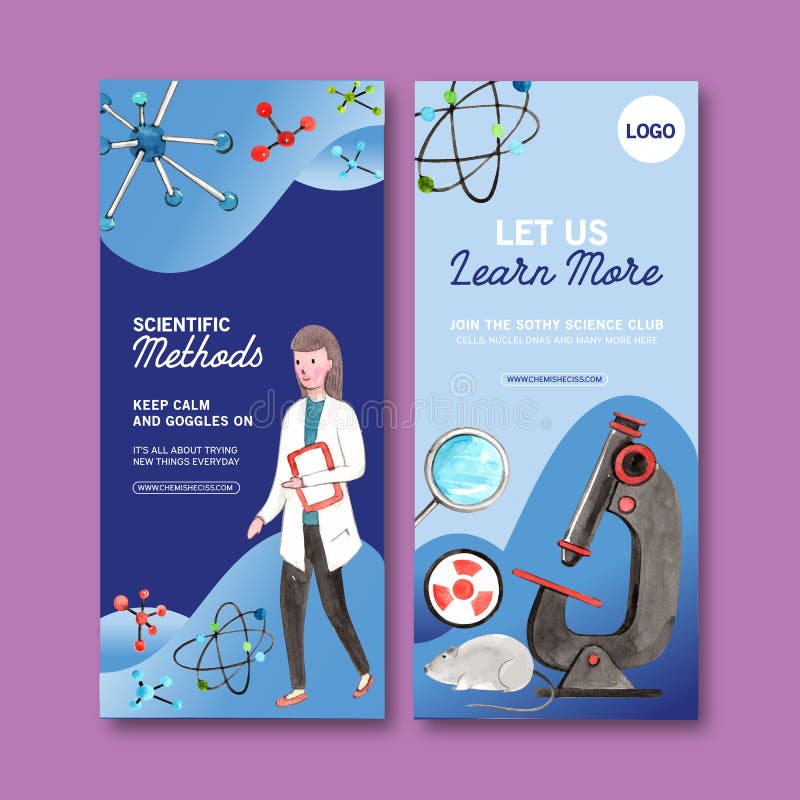 Design de folheto científico com ilustração de cor d'água de lupa de microscópio ilustração royalty free