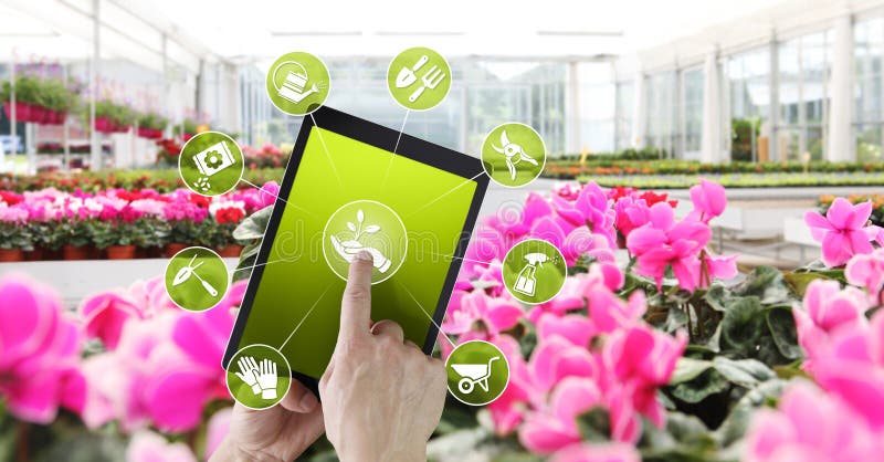 Design de grădinărit - comerț electronic - cumpărături online pe tablete digitale cu indicatoare și ecrane tactile cu instrumente stock images