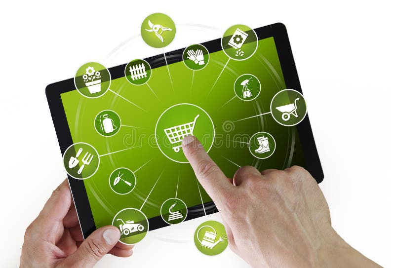 Design de grădinărit, comerț electronic, cumpărături online pe tablete digitale cu indicatoare și ecrane tactile cu pictograme pen stock photo