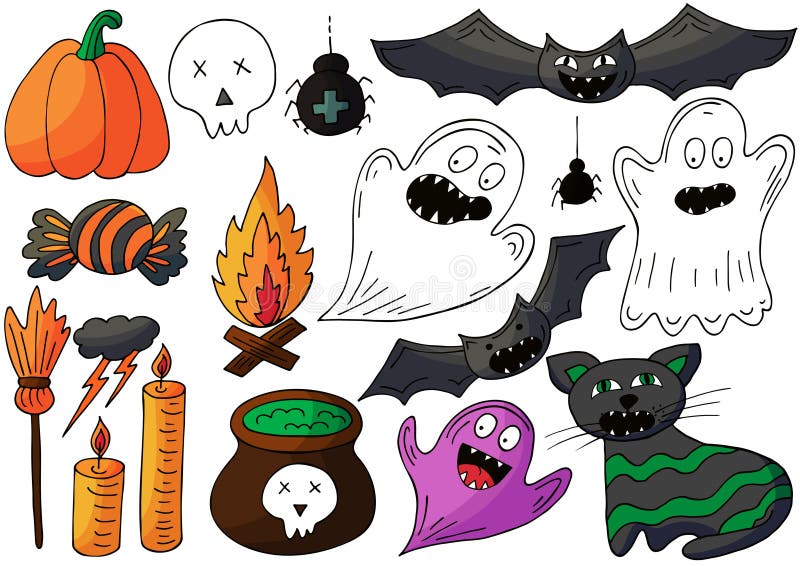 Conjunto de elementos de halloween ou ilustração com mão ou desenho estilo