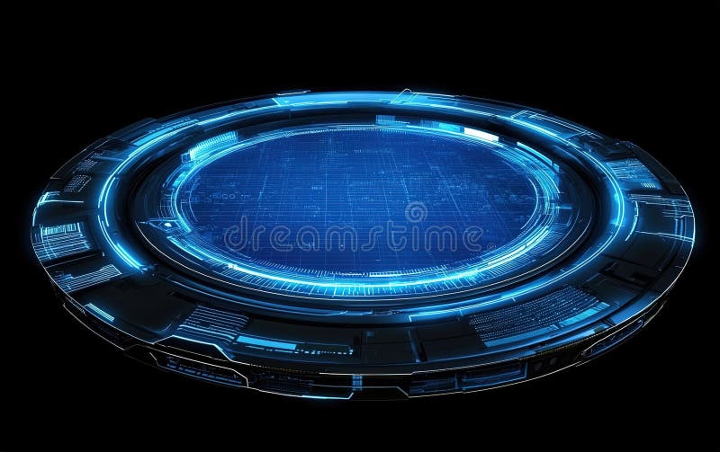 Design de interfață holografică futuristă cu linii albastre strălucitoare și modele circulare într-un mediu întunecat royalty free illustration