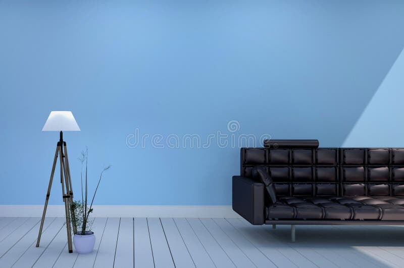 Design de interiores vazio da sala - sala tenha a lâmpada preta e as plantas do sofá, leves - fundo azul da parede rendi??o 3d ilustração royalty free Design de interiores vazio da sala - sala tenha a lâmpada preta e as plantas do sofá, leves - fundo azul da parede rendi??o 3d ilustração royalty free