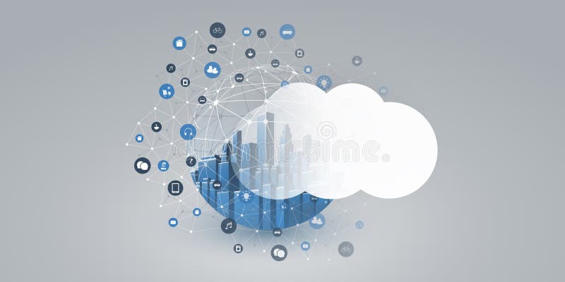 Design de soluții de calcul de tip cloud de la nivel inteligent cu globul și pictogramele transparente stock illustration
