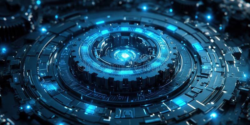 Design de tehnologie futuristă cu tipare circulare complexe și lumini albastre strălucitoare într-un mediu întunecat stock illustration