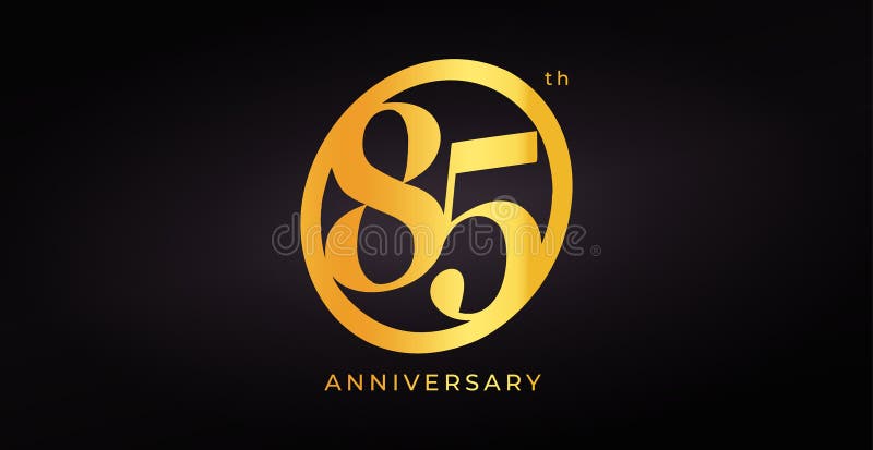 Design dei Logo dell'85esimo anniversario con numero d'oro in stile moderno elegante sullo sfondo scuro per le celebrazioni illustrazione di stock