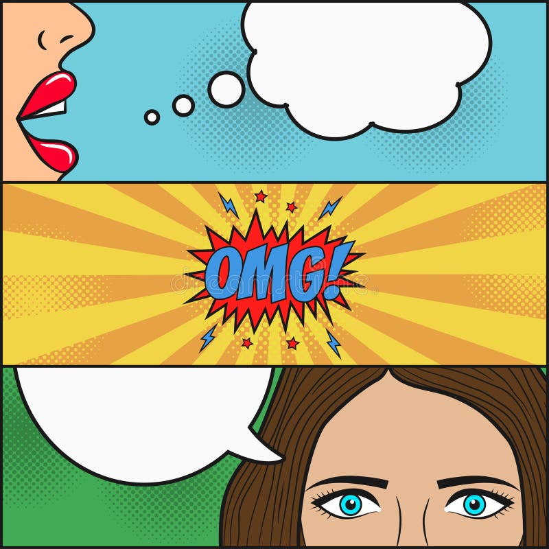 Design of comic book page. Dialog of two girls with speech bubble with emotions - OMG. Lips and face with eyes of woman. Cartoon sketch in pop art style. Vector illustration. Design of comic book page. Dialog of two girls with speech bubble with emotions - OMG. Lips and face with eyes of woman. Cartoon sketch in pop art style. Vector illustration.