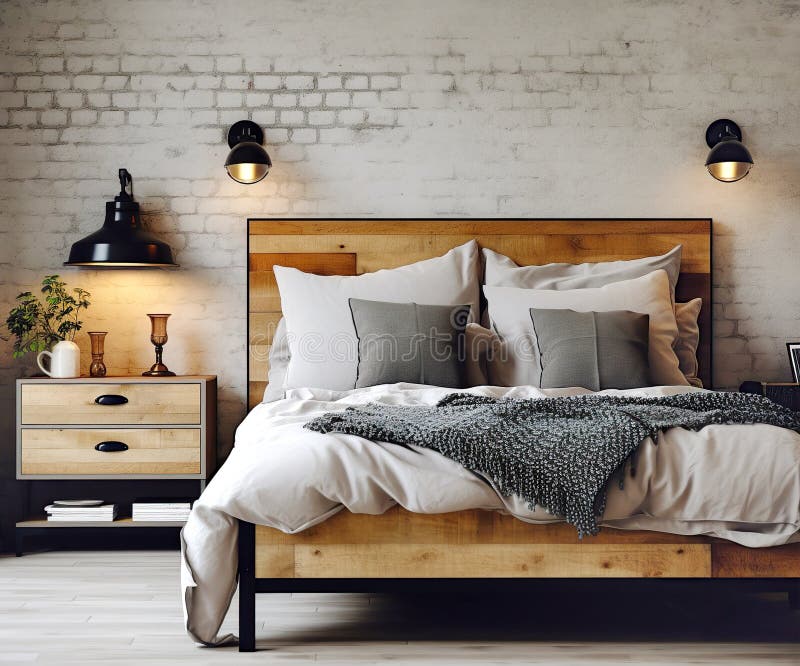 Design des Arbeitsbereichs im modernen Schlafzimmer. Holzbett an der Ziegelwand. ai vektor abbildung