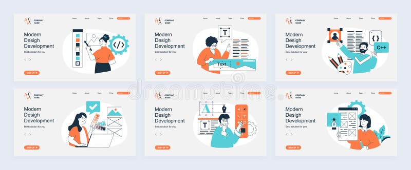 Design development concept of landing page with slide templates set in flat design. Website headers with people create stock illustration
