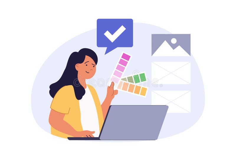 Design development concept in modern flat design for web. Woman brainstorming and selecting colour swatches in palettes vector illustration