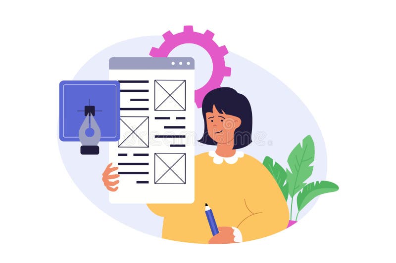 Design development concept in modern flat design for web. Woman building layout, placing content blocks in template royalty free illustration