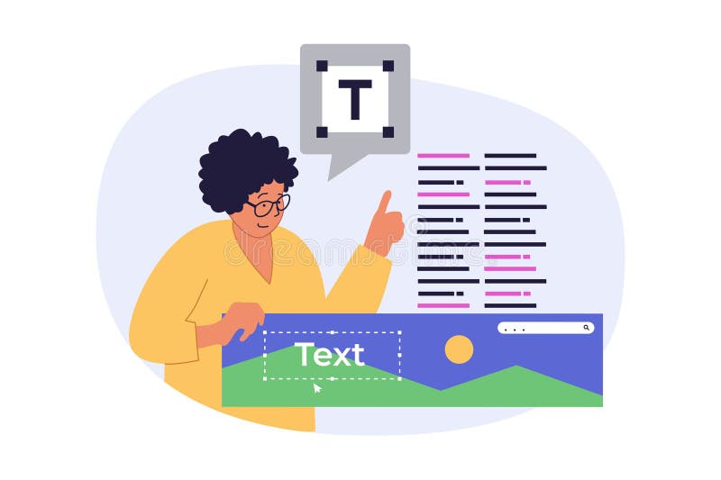 Design development concept in modern flat design for web. Woman prototyping wireframe homepage template, creating stock illustration