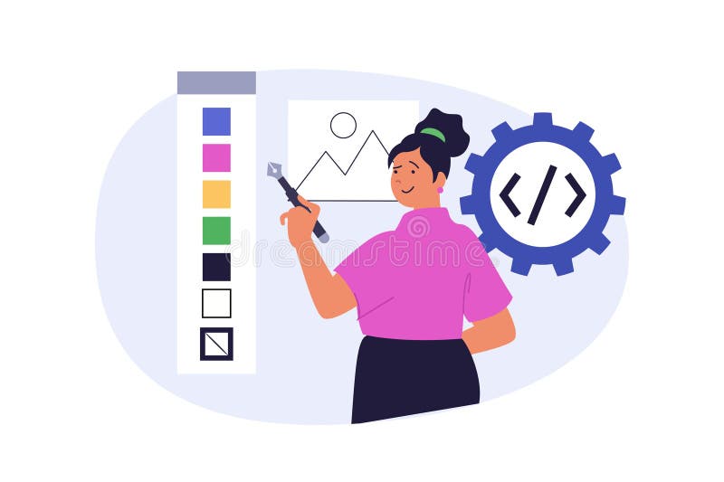 Design development concept in modern flat design for web. Woman prototyping wireframe layout, coding, selecting colour stock illustration