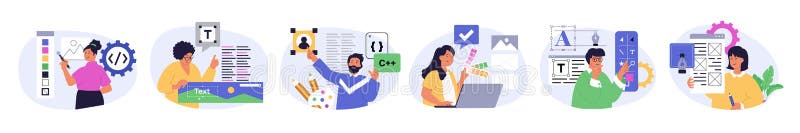 Design development concept set in flat design for web. Collection with people creating interface layouts, selecting royalty free illustration