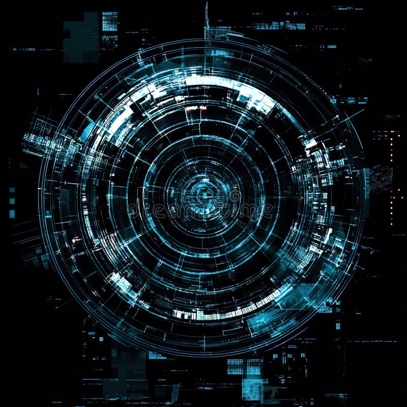 Design digital abstract cu tipare circulare complexe în tonuri cyane și întunecate care transmit un aspect futurist stock illustration