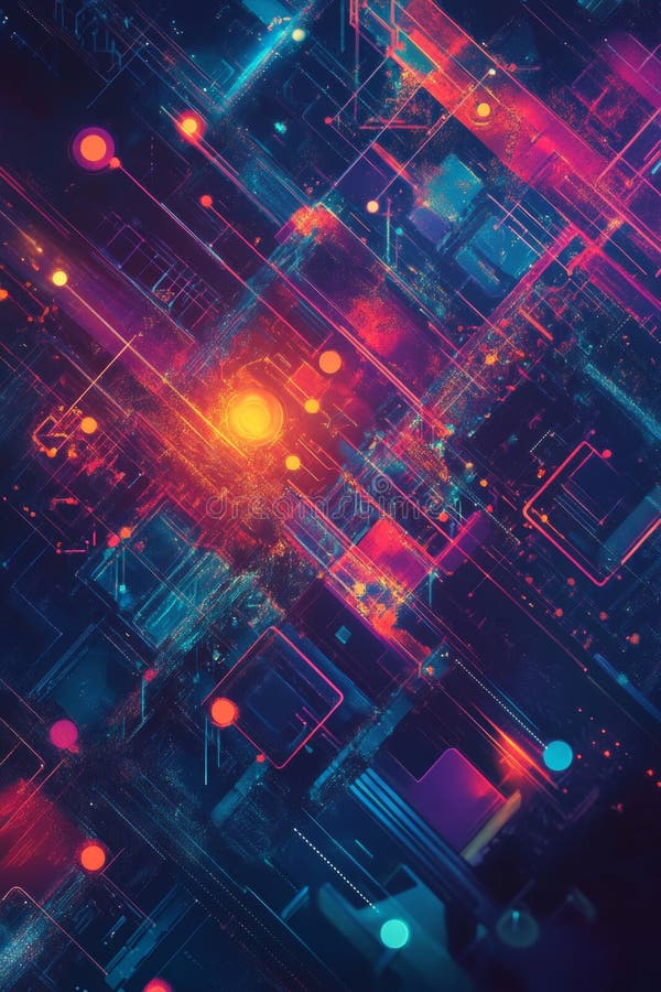 Design digital abstract futurist cu lumini de neon colorate și modele geometrice royalty free illustration