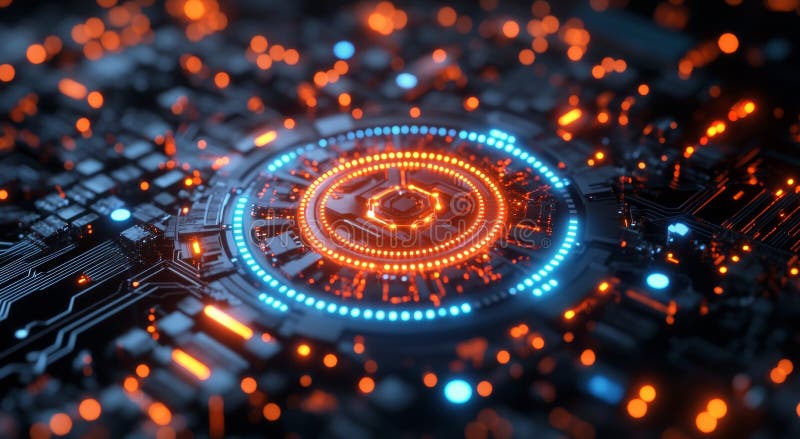Design digital vibrant abstract care prezintă modele circulare cu strălucire albastră și roșie stock photo