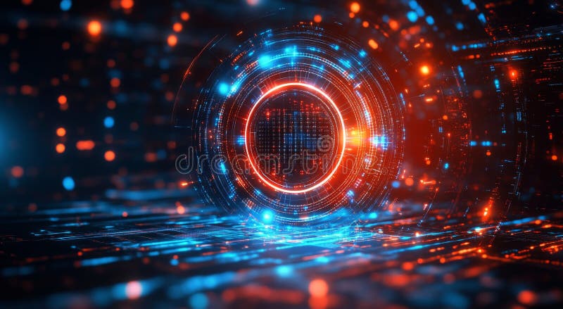 Design digital vibrant abstract care prezintă modele circulare cu strălucire albastră și roșie stock photography