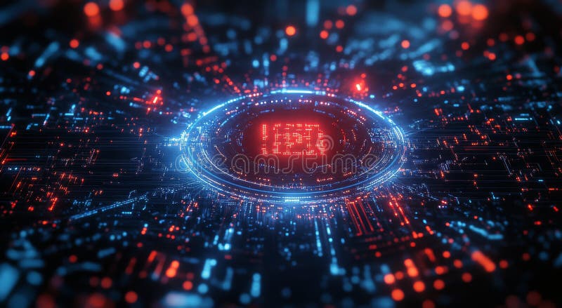 Design digital vibrant abstract care prezintă modele circulare cu strălucire albastră și roșie stock photos