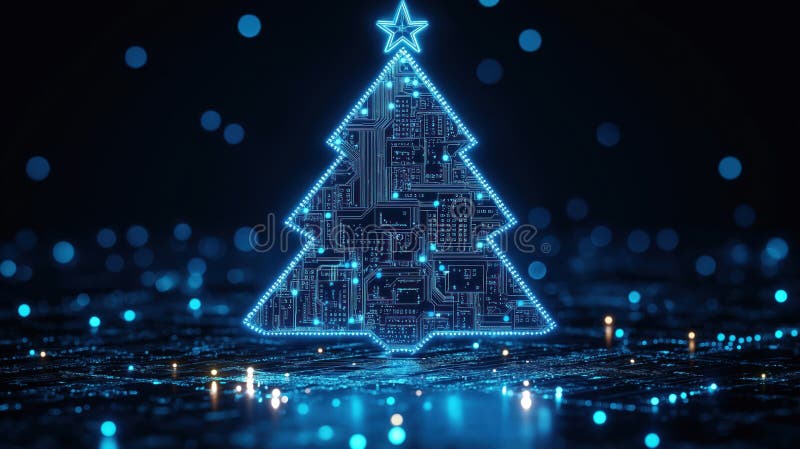 Design digitale di un albero di Natale. albero di natale. vacanza tecnologica astratta futuristica. circuito. blu luminoso illustrazione vettoriale