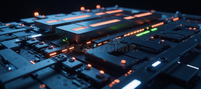 Design digitale futuristico illuminato dall'immagine di un server di rete con tecnologia avanzata illustrazione di stock