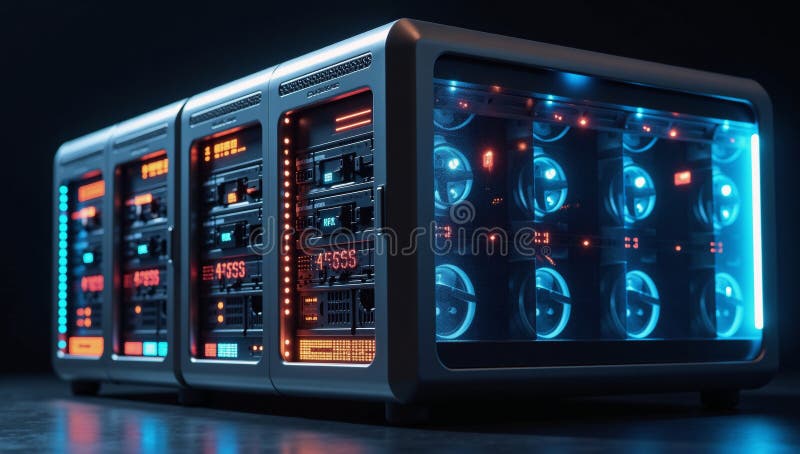 Design digitale futuristico illuminato dall'immagine di un server di rete con tecnologia avanzata illustrazione di stock