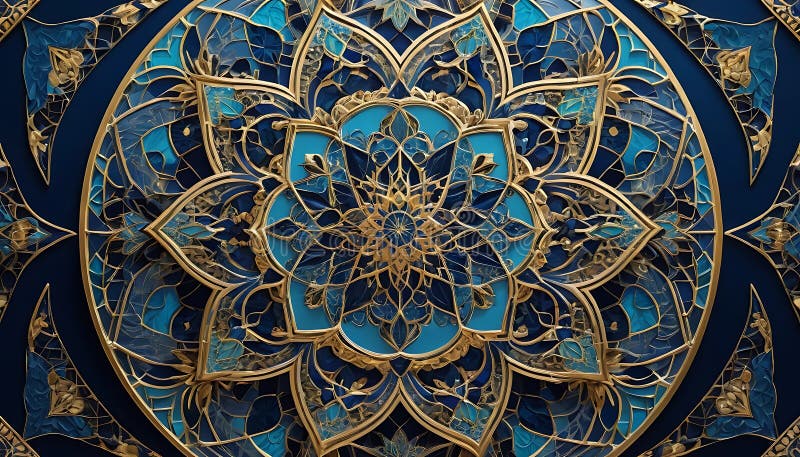 Design elegant și mandala în albastru și auriu cu detalii complexe royalty free illustration