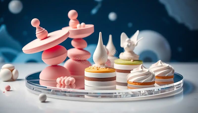 Design elegante con sculture astratte. Su una lastra circolare ben chiara è raffigurata una collezione di pasticcini di design artistico e di sculture astratte